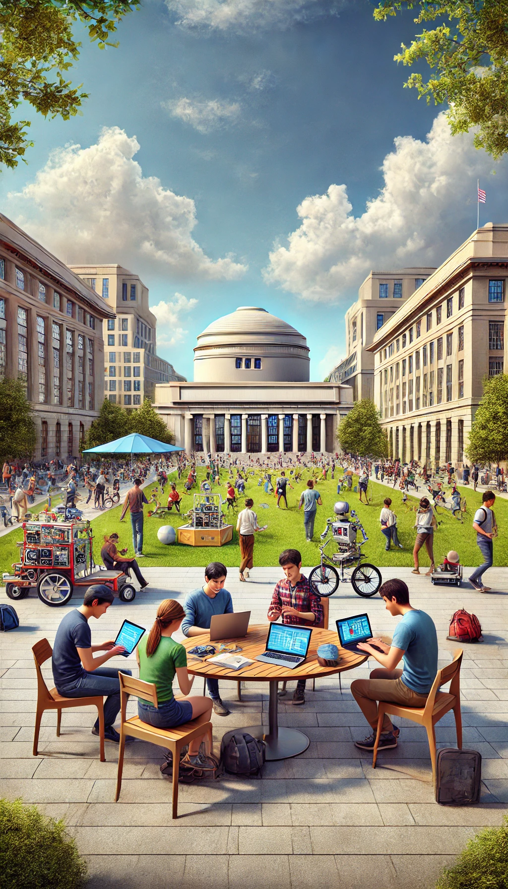 MIT’s modern buildings and famous dome, with students working together on laptops or robotics projects outside on campus grounds.