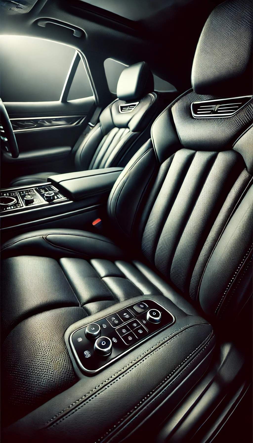 A close-up of a luxury car interior, showcasing plush, ventilated seats with controls for massage and climate settings.