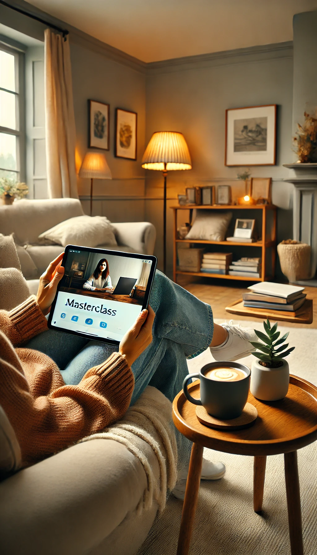 A person watching a MasterClass course on a tablet in a comfortable living room, with a warm drink and a cozy atmosphere.