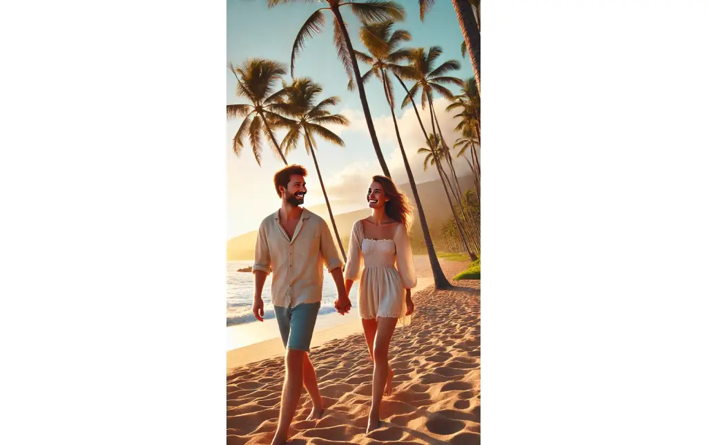 A couple walking along a sandy beach in Maui, with palm trees and the ocean in the background, holding hands and smiling in the warm sunset.