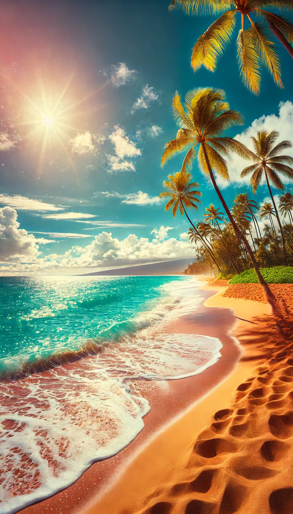 A view of a pristine beach in Maui with turquoise water, golden sand, and palm trees swaying in the breeze under a bright sun.