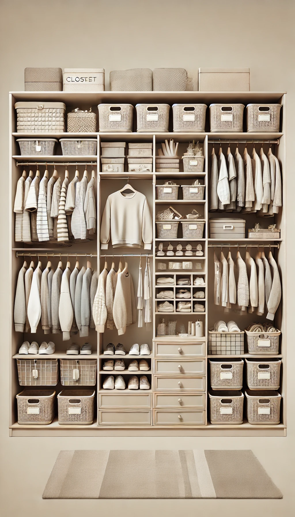 A closet with hanging organizers, baskets, and neatly arranged clothes, showcasing an efficient use of space and an organized system.