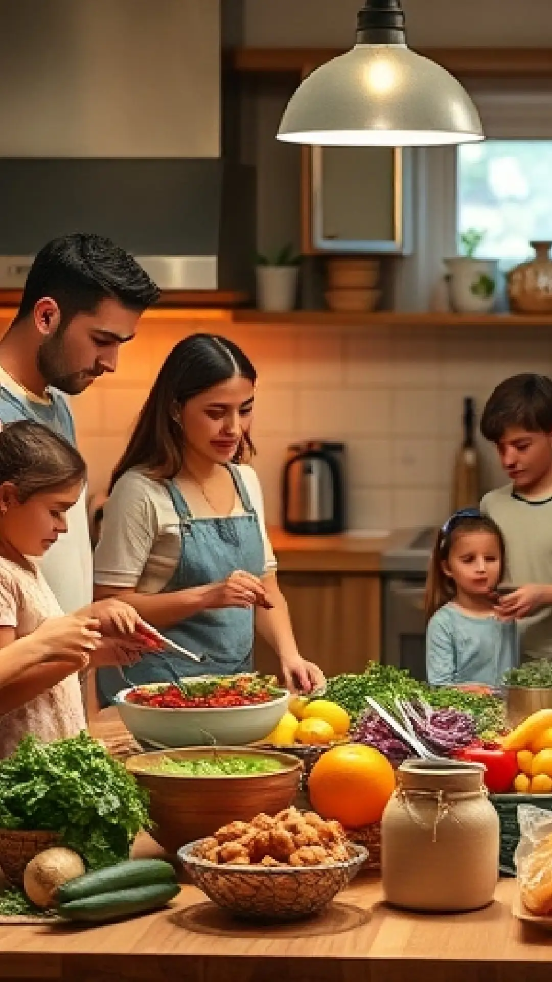 A family in a cozy kitchen preparing a meal together, with fresh ingredients spread out on the counter and a warm, inviting atmosphere.