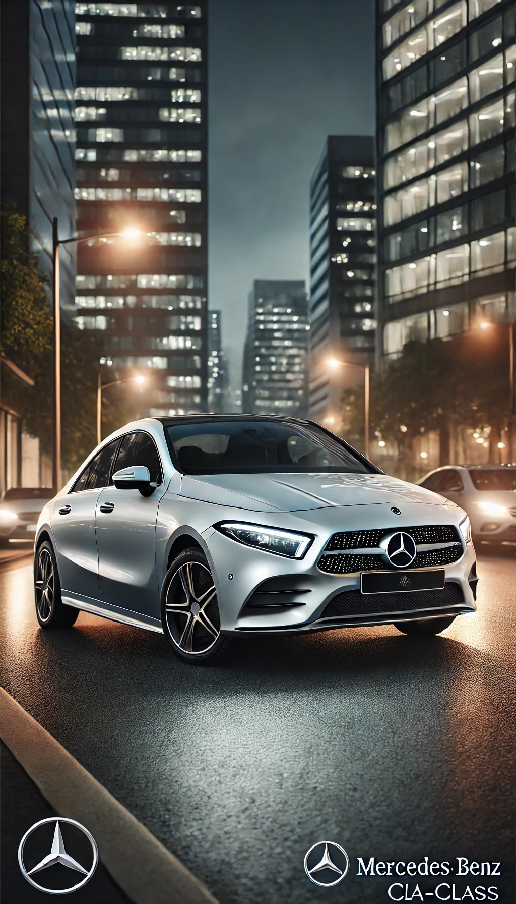 A Mercedes-Benz CLA-Class parked on a city street at dusk, with its sleek lines illuminated by streetlights, highlighting its sophisticated style.