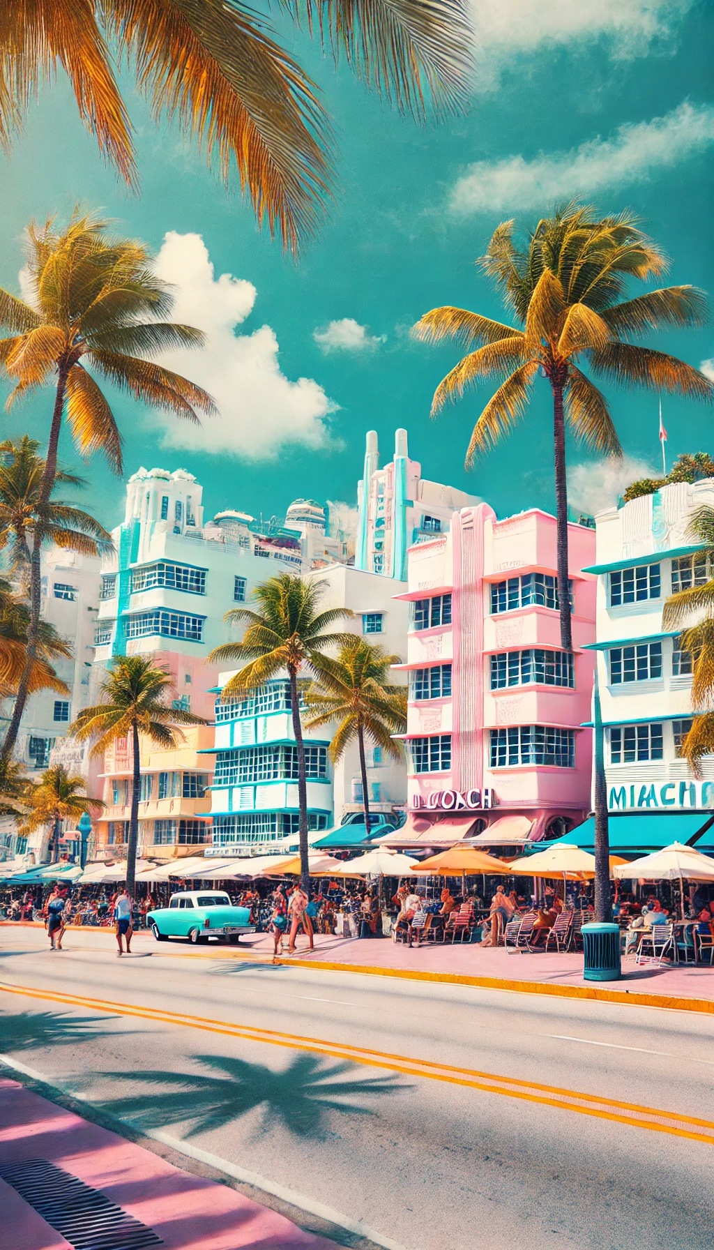 A view of South Beach in Miami with pastel-colored art deco buildings, palm trees, and people enjoying the sunny, lively atmosphere.