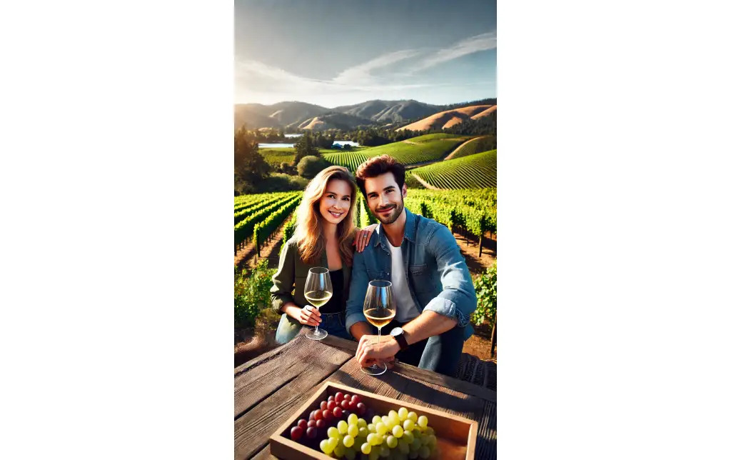 A couple enjoying a wine tasting at a vineyard in Napa Valley, with green vineyards and scenic hills in the background, looking relaxed and happy.