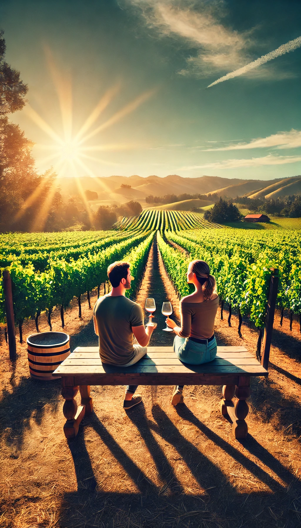 A couple enjoying wine at an outdoor vineyard seating in Napa Valley, with rows of grapevines stretching out in the background under a sunny sky.