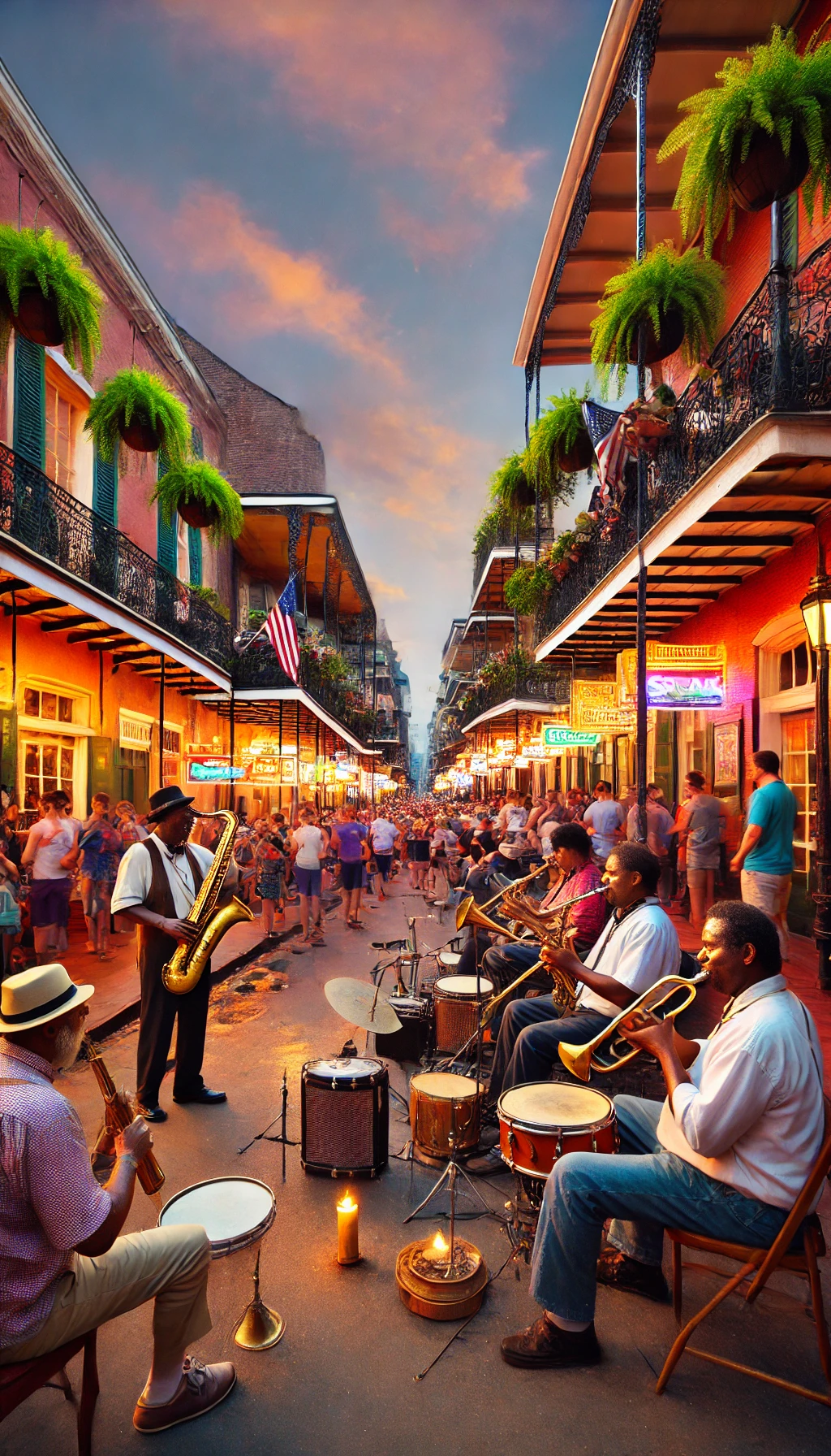 A lively scene on Bourbon Street with jazz musicians playing, colorful buildings, and people enjoying the vibrant atmosphere of New Orleans.