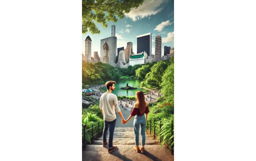 A couple holding hands in Central Park with the New York City skyline in the background, surrounded by lush greenery and a vibrant city atmosphere.