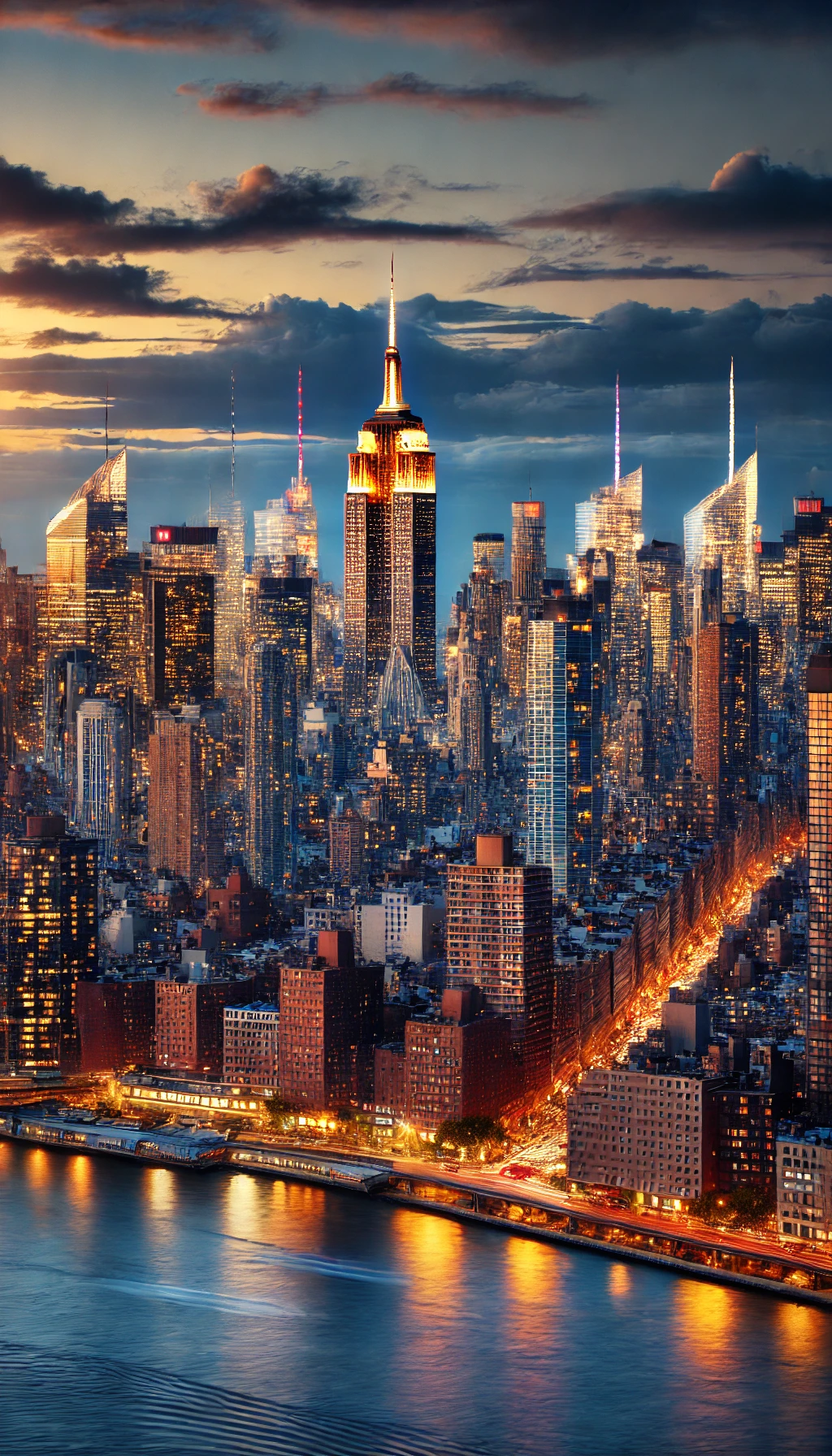 A view of the New York City skyline with the Empire State Building and skyscrapers illuminated at dusk, capturing the city's iconic energy.