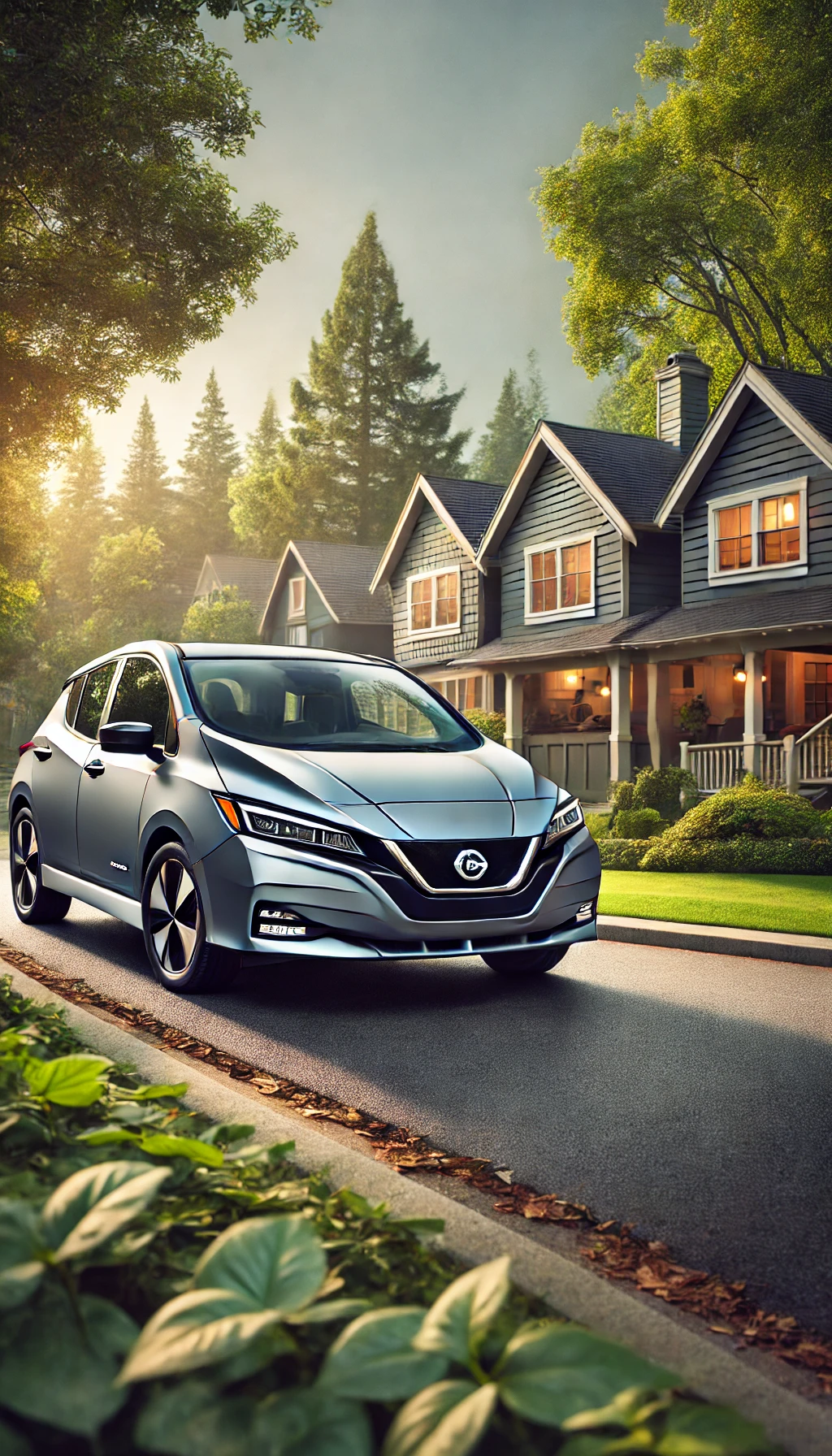 A Nissan Leaf parked in a suburban neighborhood with trees and homes in the background, highlighting its family-friendly and eco-conscious appeal.