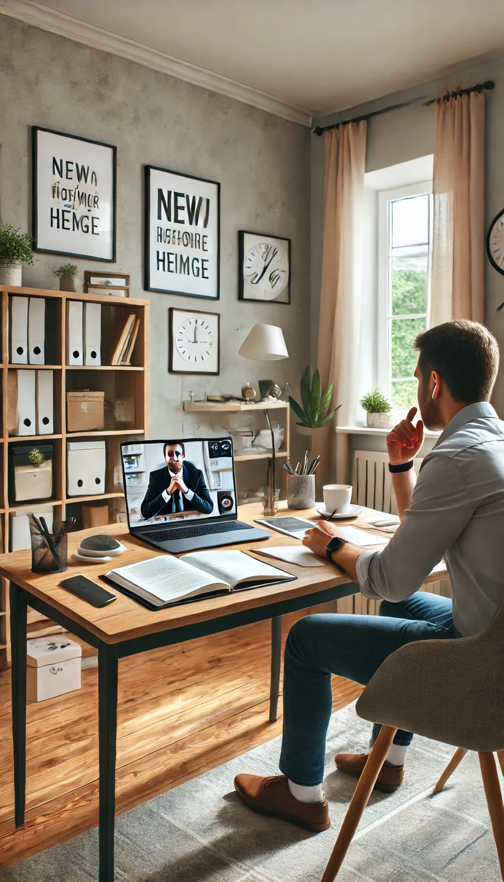 A coach conducting a video session with a client on a laptop, sitting in a well-organized home office with motivational decor on the walls.