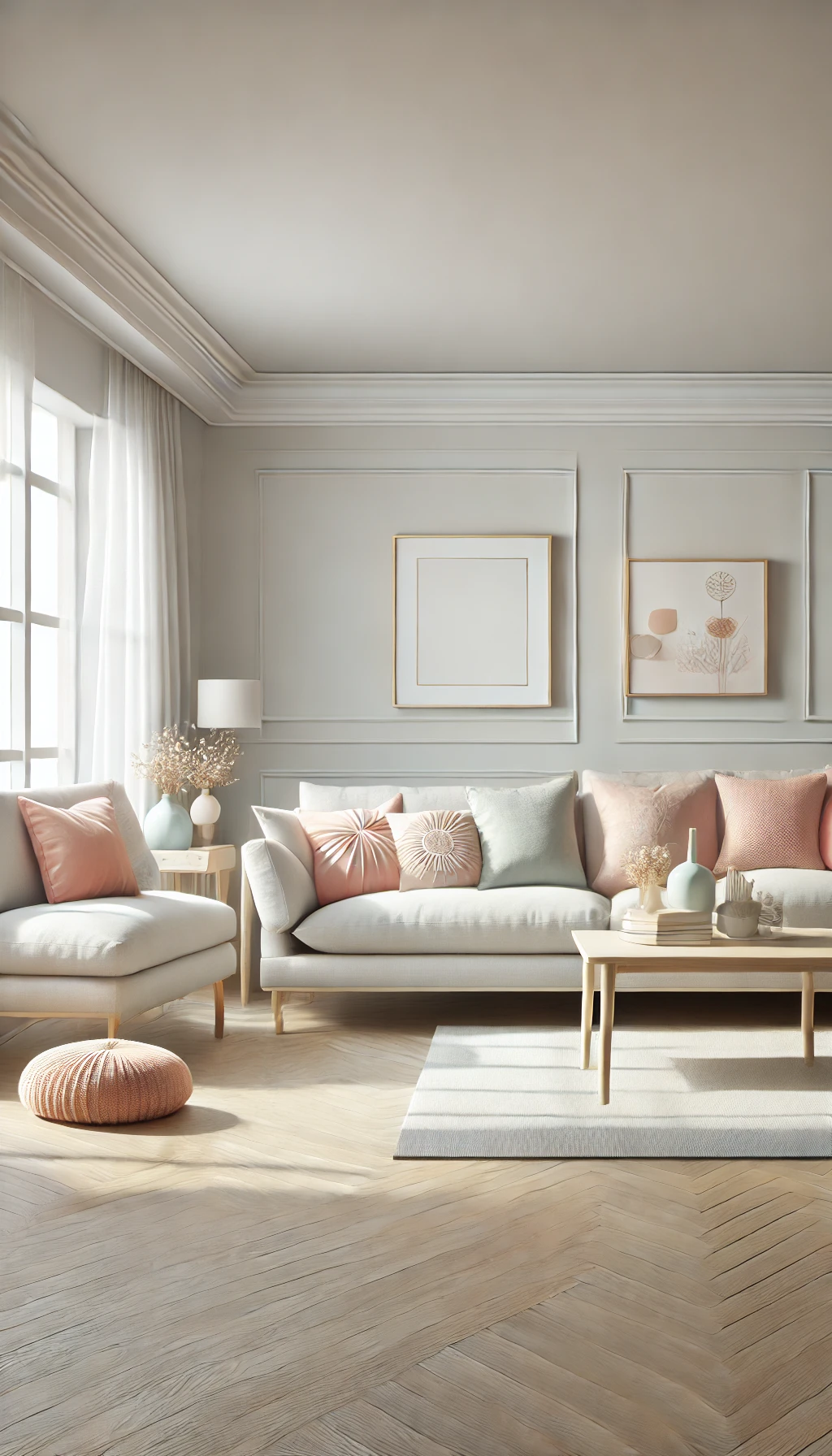 A bright, airy living room with light-colored walls and furniture, accented by pastel cushions and decorative pieces, creating a spacious, welcoming feel.