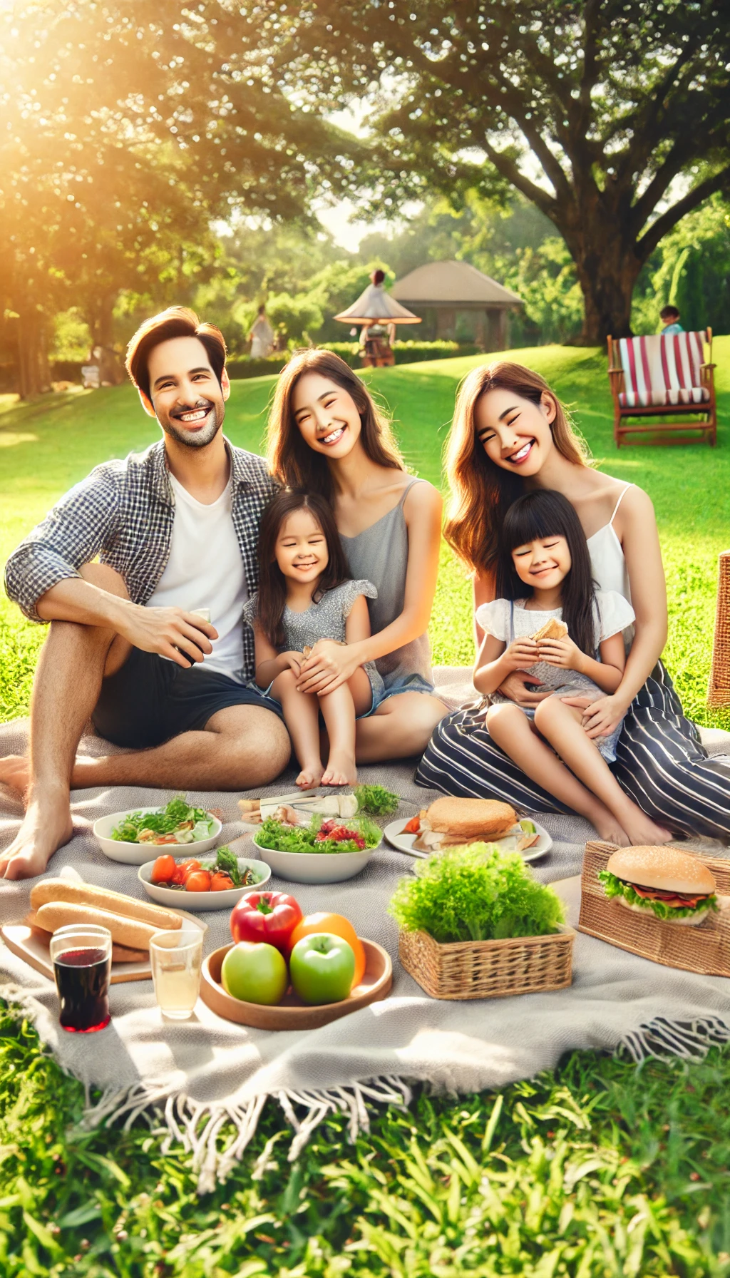 A family sitting on a picnic blanket in a grassy park, surrounded by food and smiling as they enjoy the outdoors.