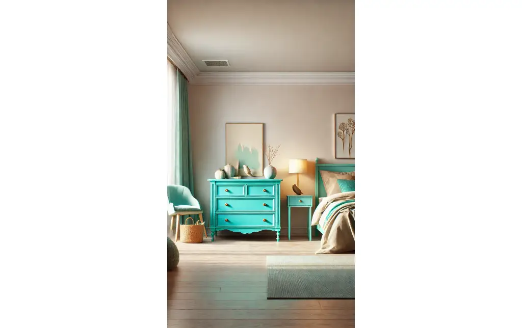 A brightly painted turquoise dresser in an otherwise neutral bedroom, adding a fun and unexpected splash of color to the space.