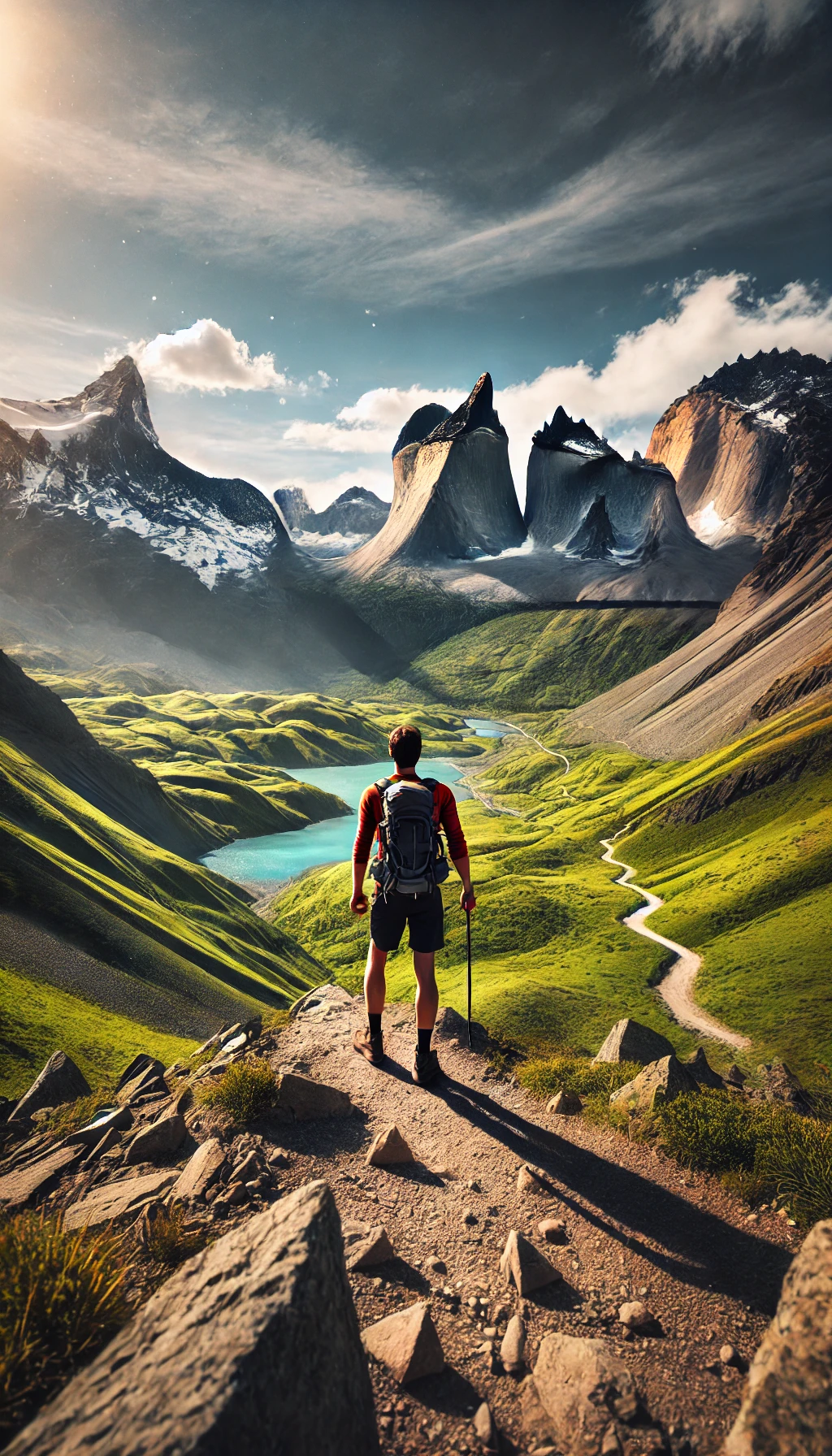 A hiker standing on a trail overlooking Torres del Paine’s jagged peaks, surrounded by vibrant green valleys and a clear blue sky.