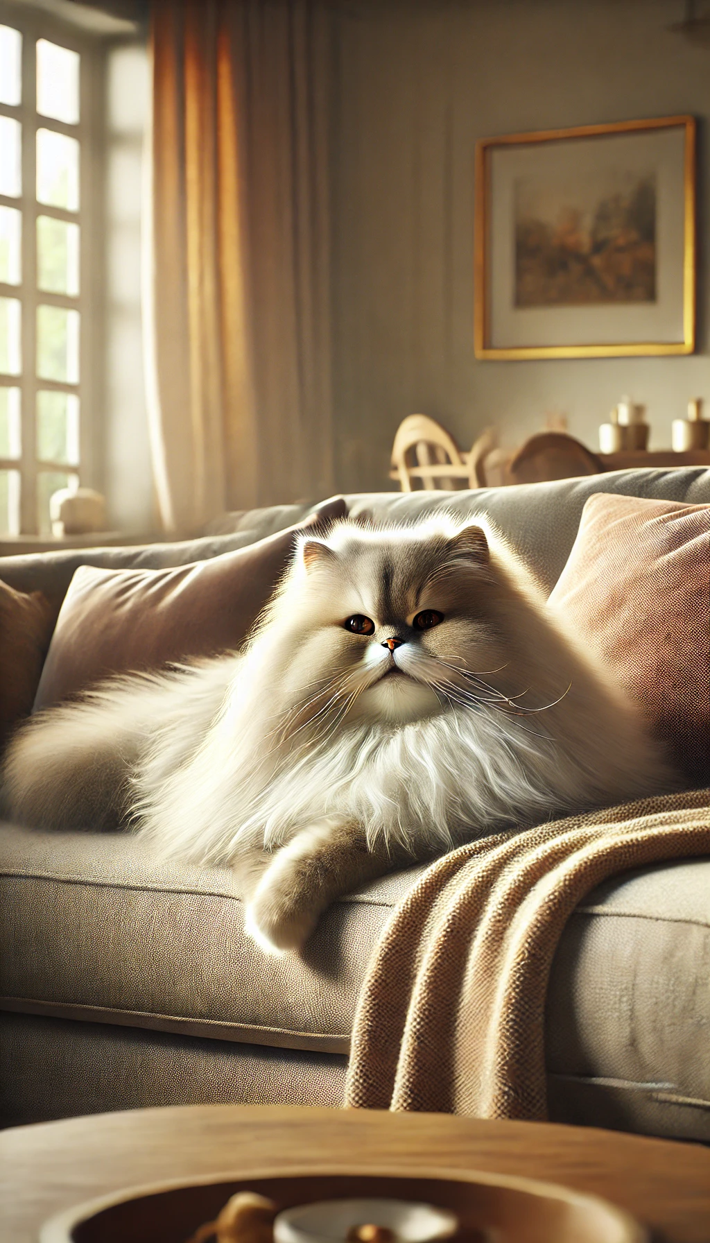 A fluffy Persian cat lounging on a cozy couch in a softly lit living room, with its calm demeanor and luxurious coat on display.