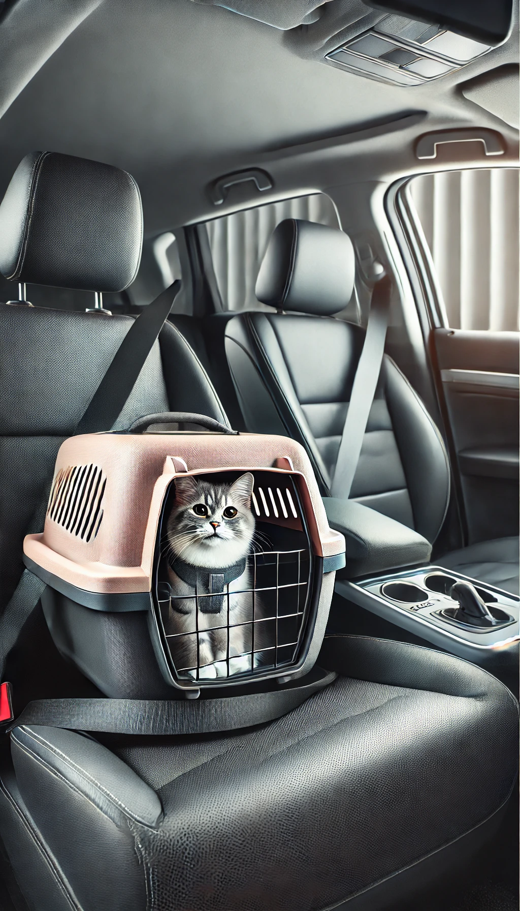 A stylish pet carrier with a happy cat sitting inside, placed on a car seat with a seatbelt securing the carrier.