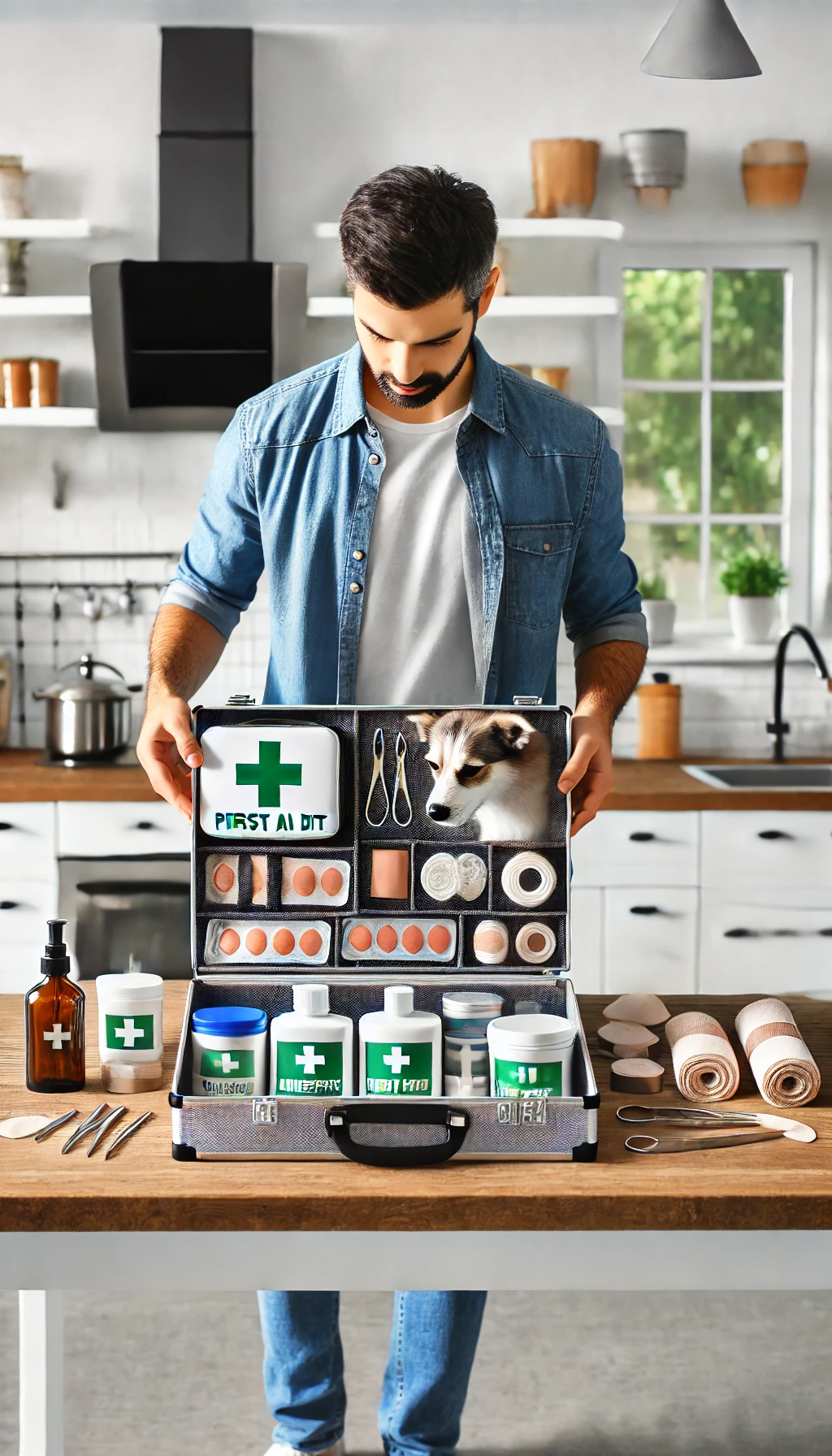 A neatly organized pet first aid kit on a countertop, with bandages, antiseptic, and a caring pet owner checking supplies.