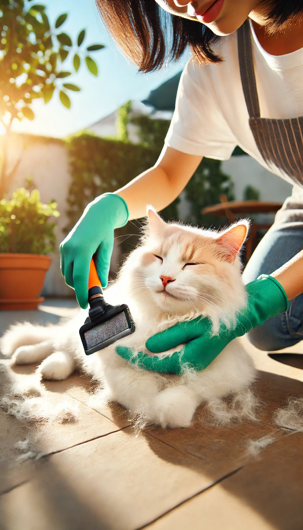 A person using a grooming glove to remove loose fur from their cat, with the cat purring and enjoying the experience on a sunny patio.