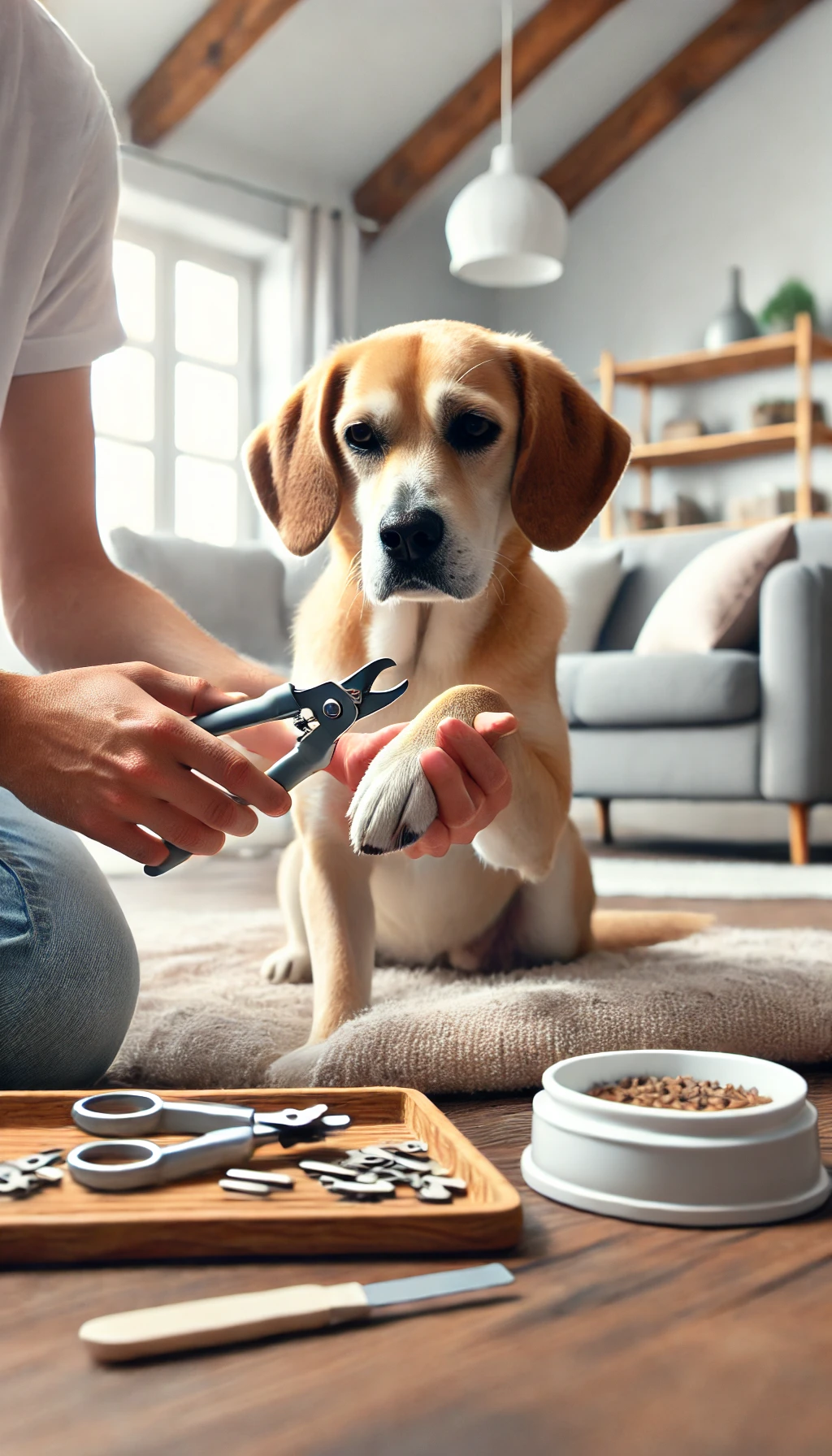 A person gently holding a dog’s paw while trimming nails with pet nail clippers, set in a bright and pet-friendly home.