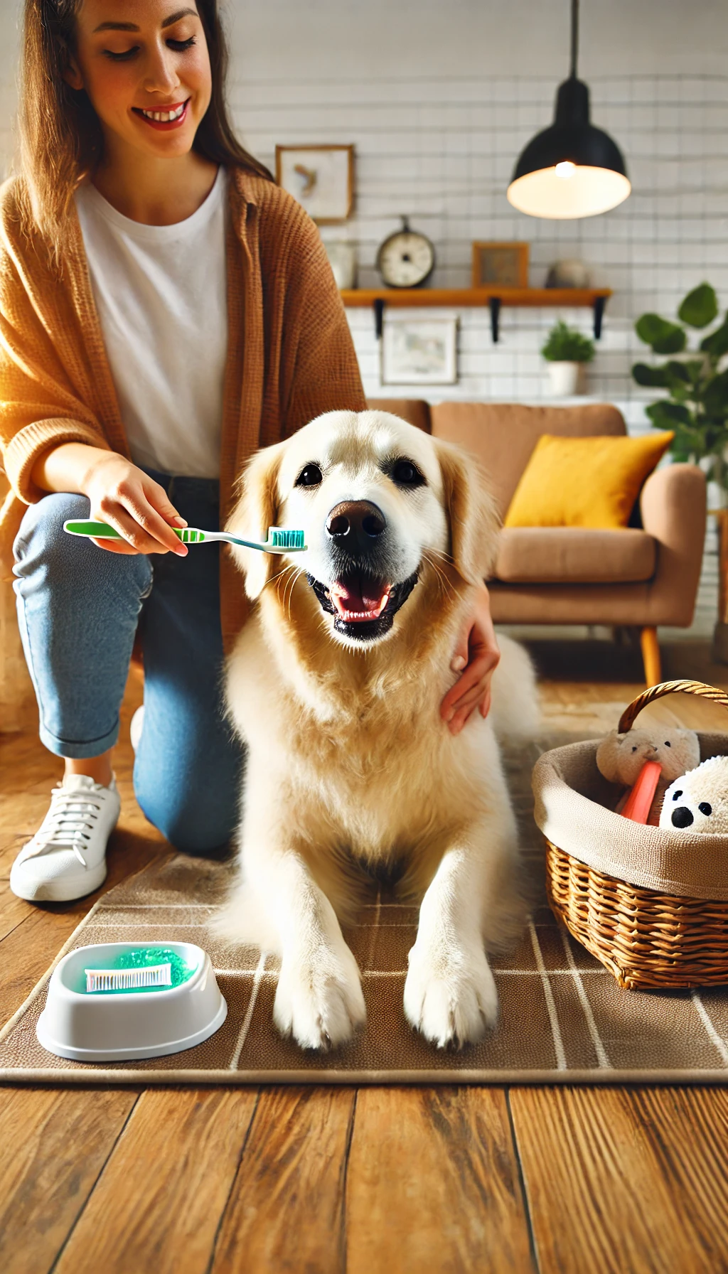 A person brushing their dog’s teeth with pet-safe toothpaste, with a cheerful dog sitting on a mat in a bright, pet-friendly home. 