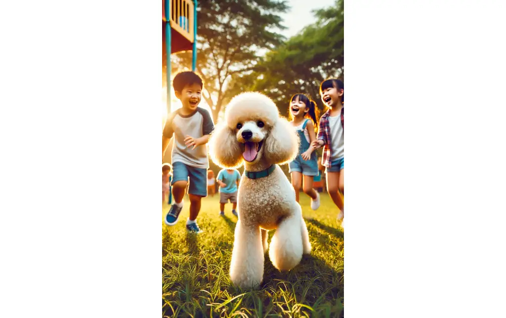 A Poodle playing with children in a park, looking alert and engaged, with a joyful family atmosphere around them.