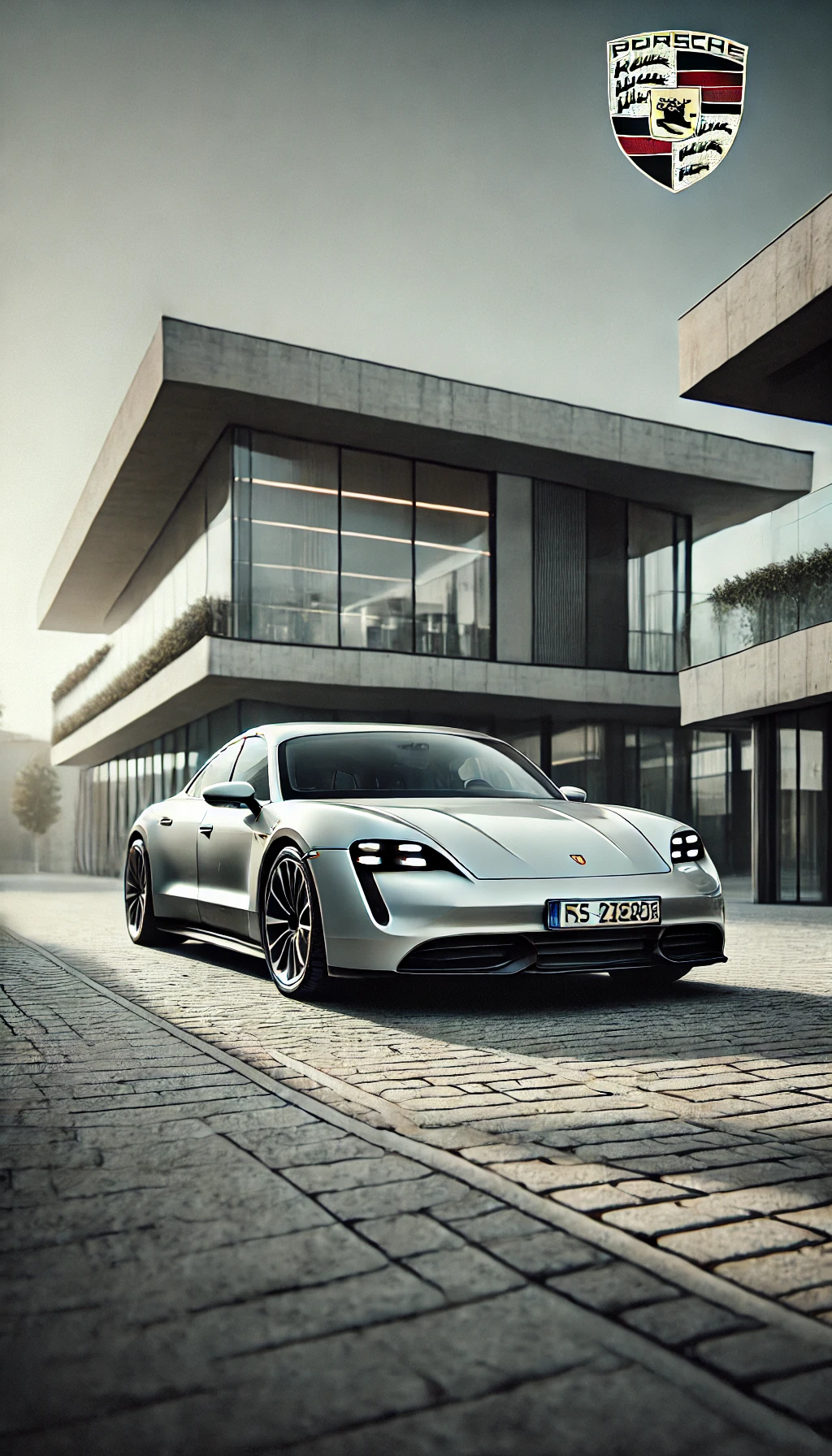 A Porsche Taycan parked in front of a modern building with sleek architecture, highlighting its luxury appeal and sophisticated design.