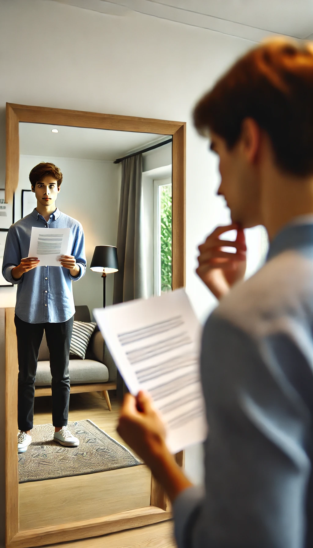 A person rehearsing their presentation in front of a mirror, with notes or cue cards, showing focus and concentration.