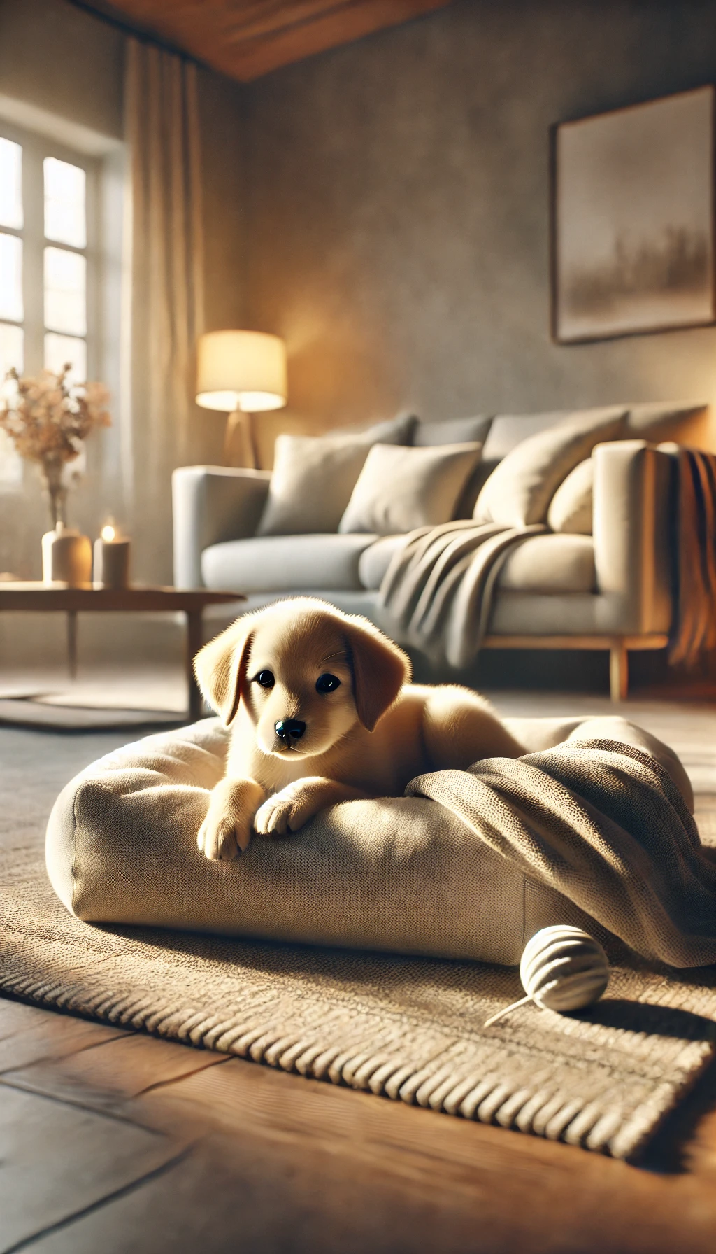 A puppy resting peacefully on a soft dog bed in a quiet living room, with subtle signs of comfort like a blanket or toy nearby.