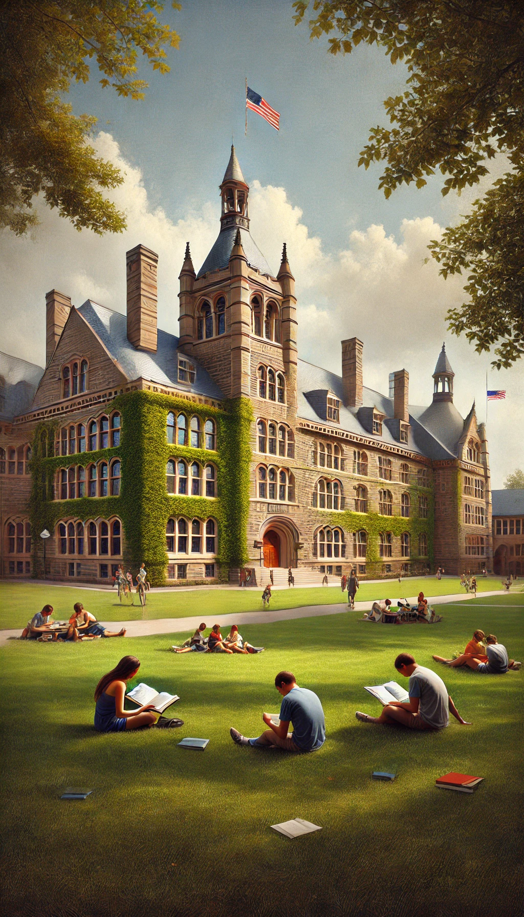 Princeton’s iconic Nassau Hall with its stone architecture, surrounded by students studying on the grass in a serene setting.