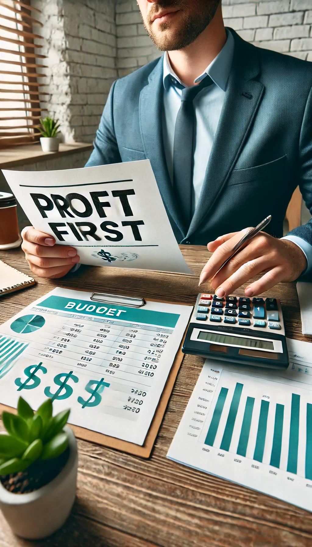 A business owner reading Profit First with a calculator and budget sheets on the table, representing practical financial planning.