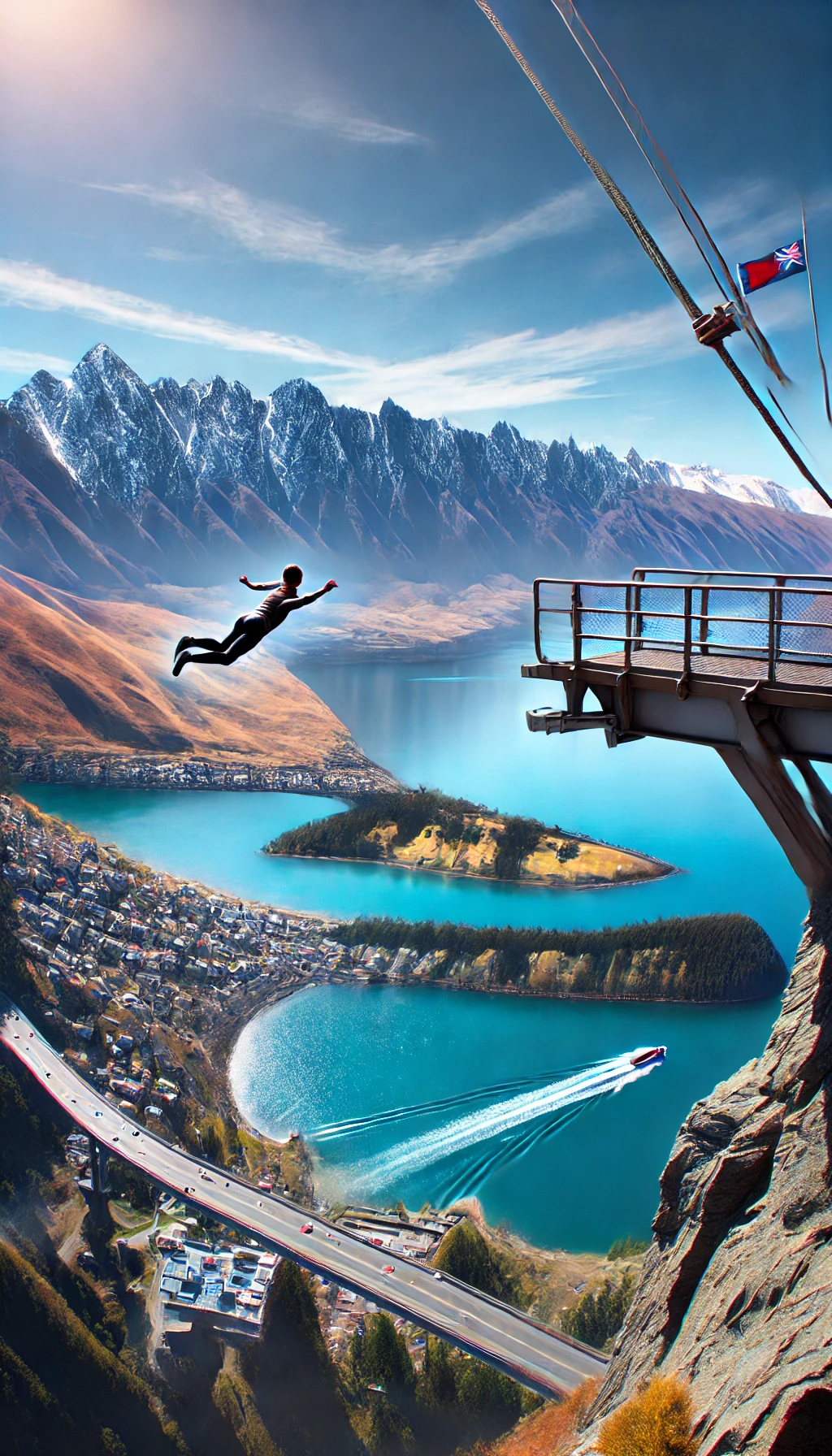 A person bungee jumping off a bridge in Queenstown, with mountains and a sparkling lake in the background, capturing the thrill of the experience.