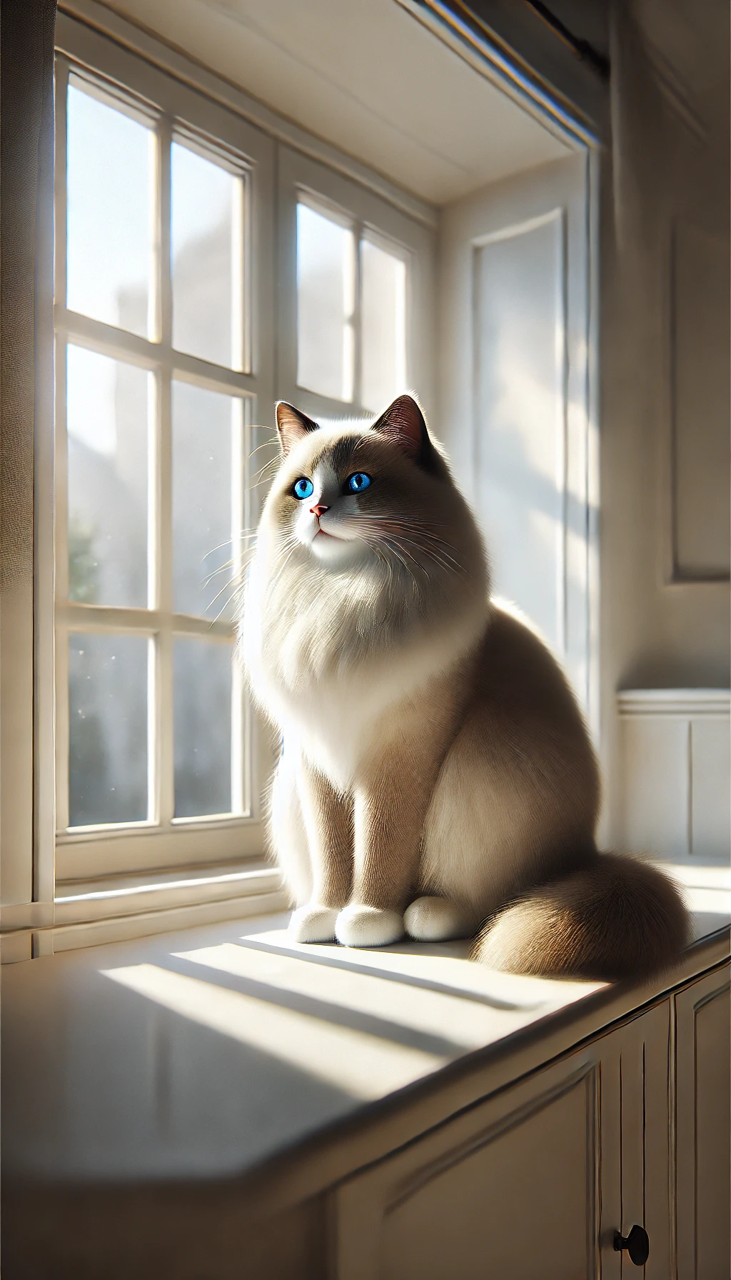 A Ragdoll cat sitting on a windowsill, bathed in natural light, looking serene with its soft coat and striking blue eyes.