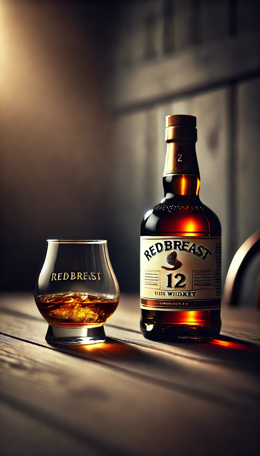 A bottle of Redbreast 12 on a dark wood table with a glass of whiskey beside it, surrounded by subtle lighting that highlights the whiskey's rich amber color.