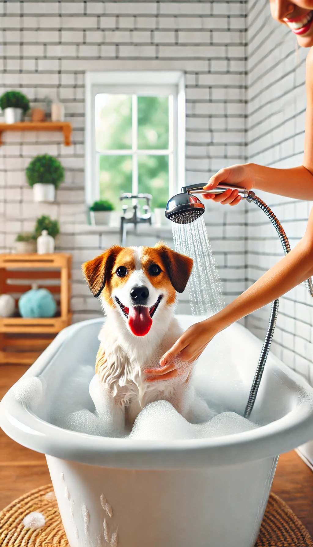 A cheerful dog enjoying a bath in a bathtub with bubbles, while a person gently rinses them off with a handheld showerhead in a bright, pet-friendly bathroom.