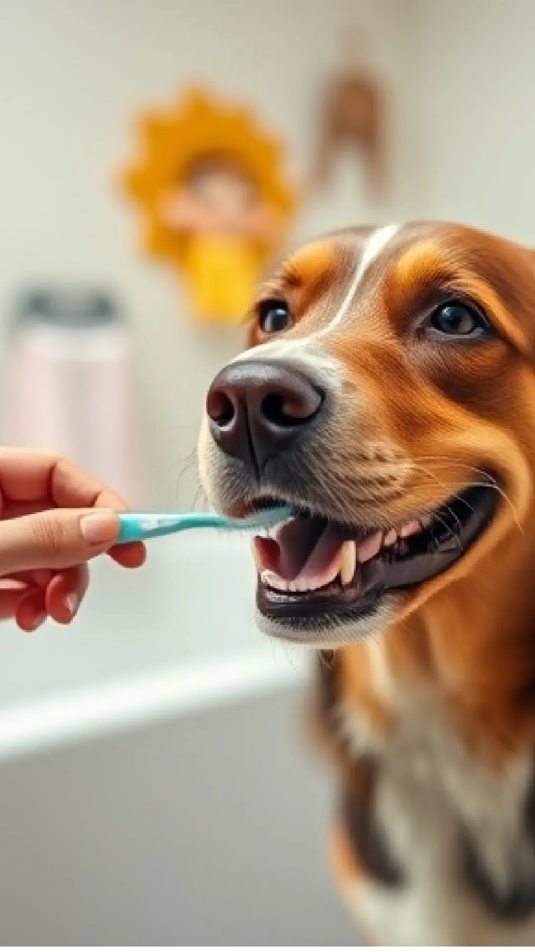 A person brushing their dog’s teeth with a pet-safe toothbrush in a cheerful bathroom setting, with the dog looking calm and cooperative.