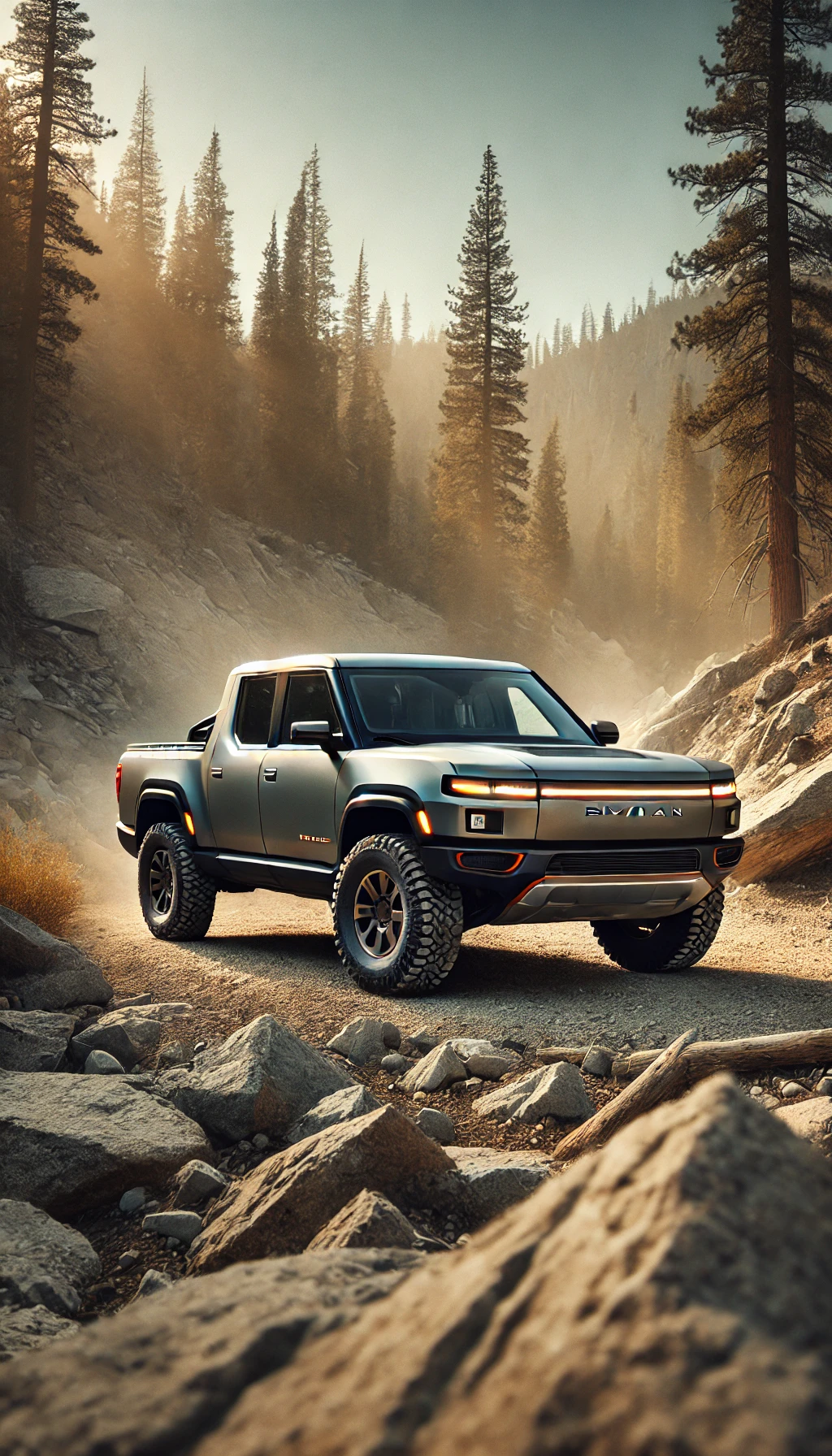 A Rivian R1T parked on a rocky landscape or forest trail, showcasing its rugged, outdoor-ready design with an eco-friendly twist.