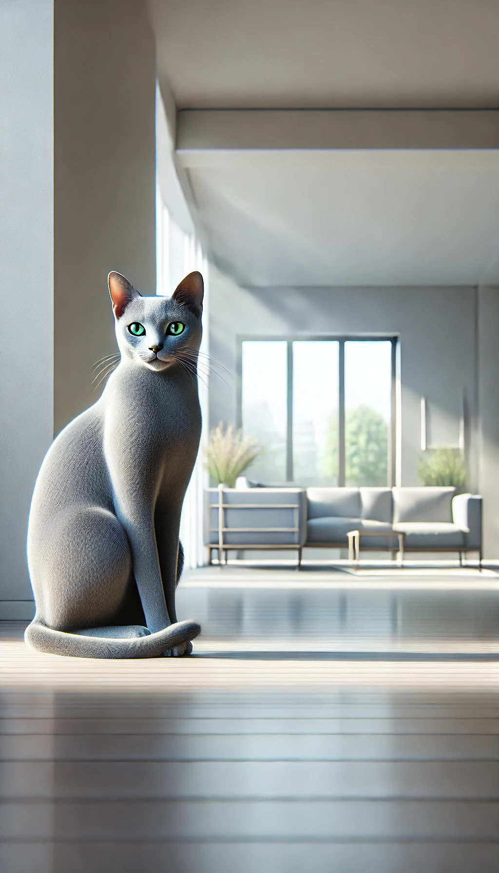 A Russian Blue cat sitting gracefully by a window, its green eyes catching the light, with a minimalist apartment background.