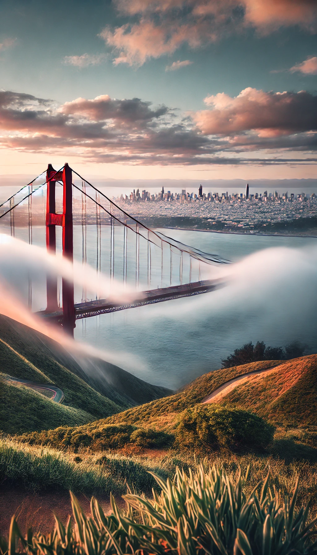 A scenic view of the Golden Gate Bridge with fog rolling in, as seen from a hillside viewpoint with the city skyline in the background.