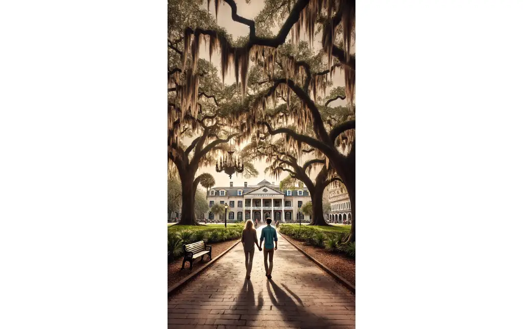 A couple walking under the oak trees draped with Spanish moss in Forsyth Park, with beautiful historic architecture in the background.