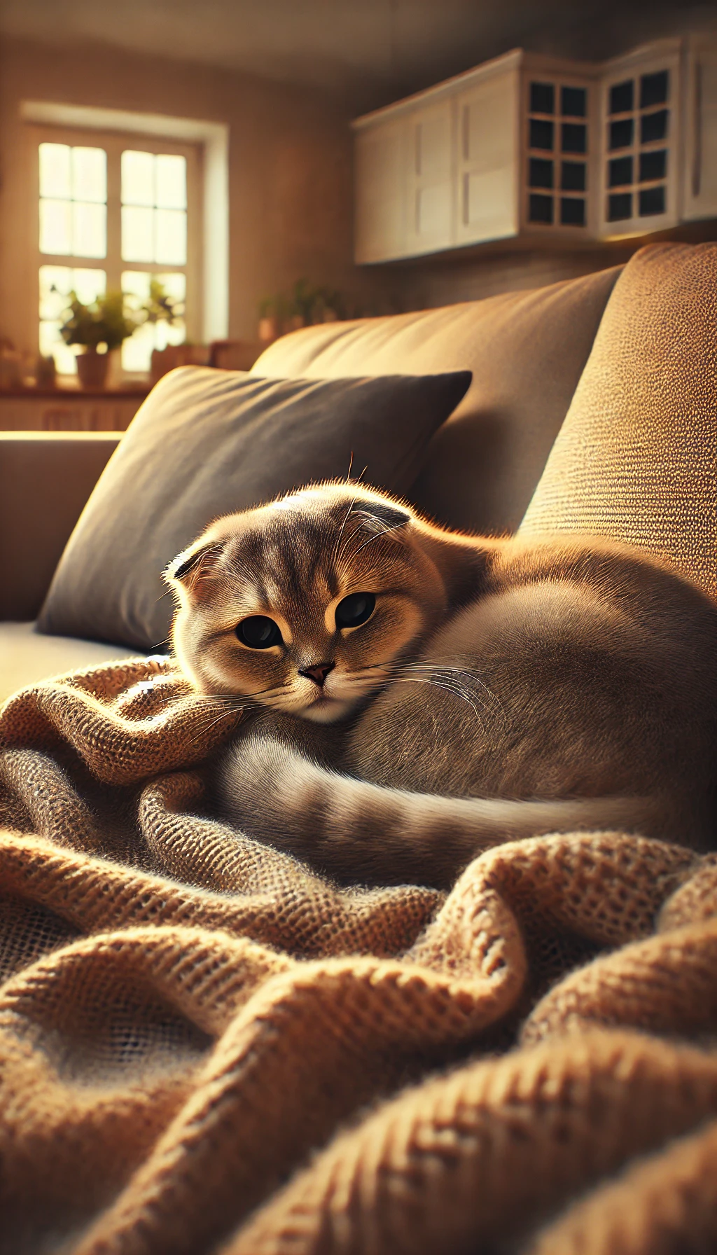 A Scottish Fold curled up on a soft throw blanket on a couch, with its distinctive folded ears and round face in focus.