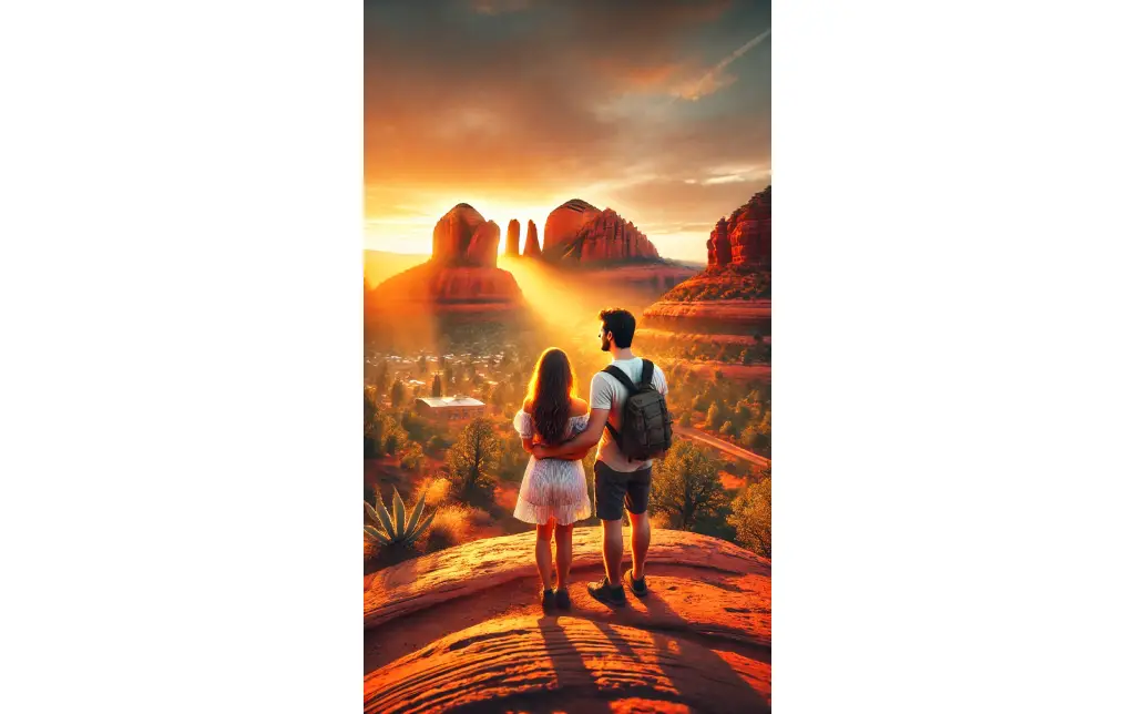 A couple watching the sunset over red rock formations in Sedona, with warm, glowing colors and a peaceful, scenic atmosphere.