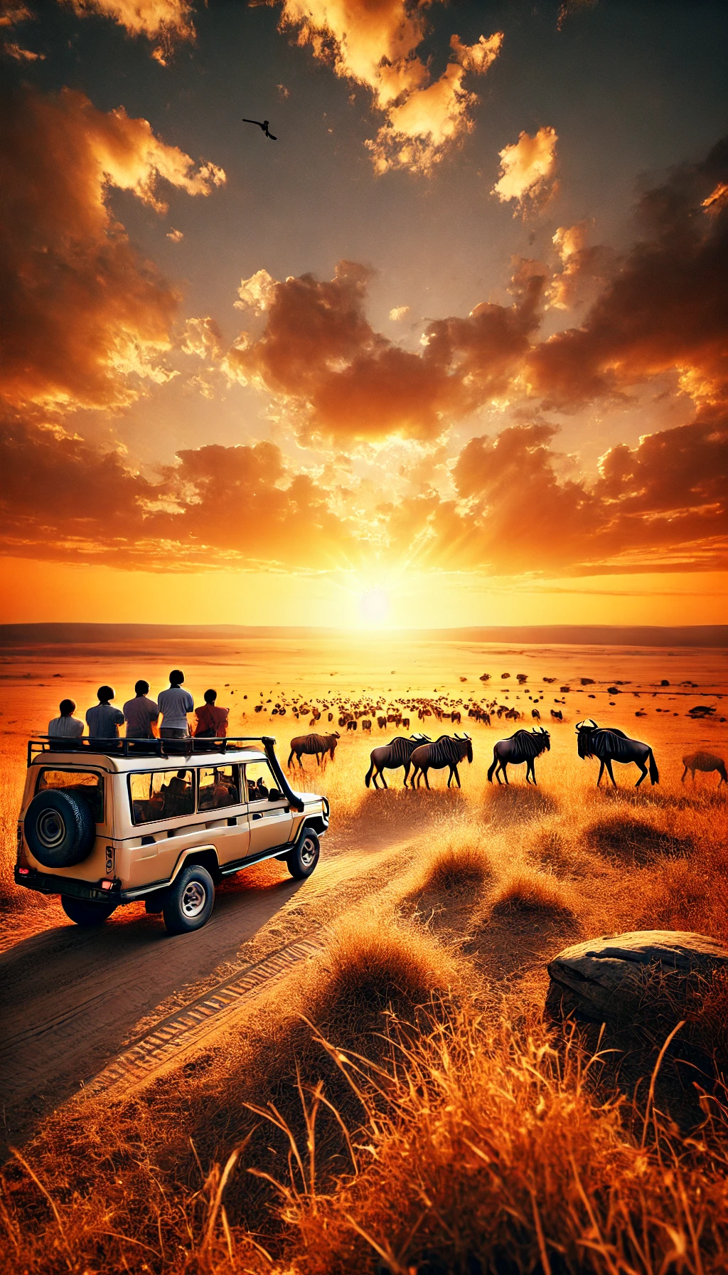 A safari jeep with travelers observing a herd of wildebeest on the vast Serengeti plains under a golden sunset sky.