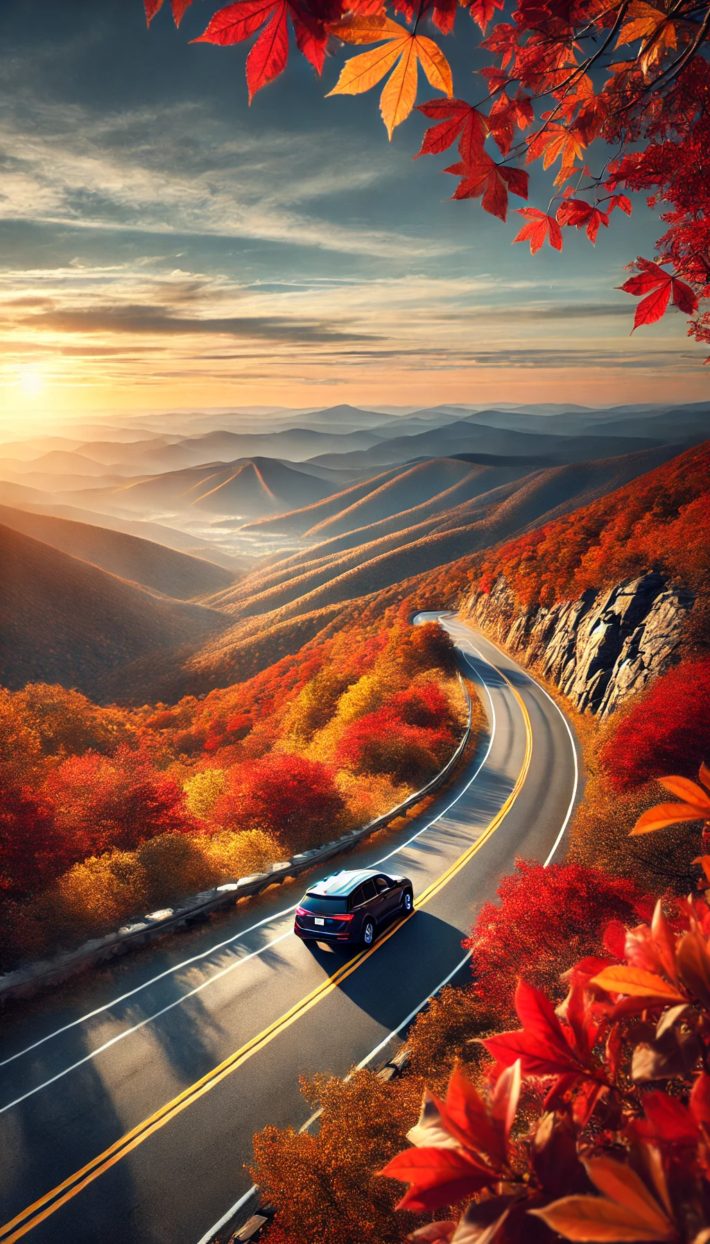 A car driving along Skyline Drive with expansive mountain views and vibrant fall foliage surrounding the road in Shenandoah National Park.