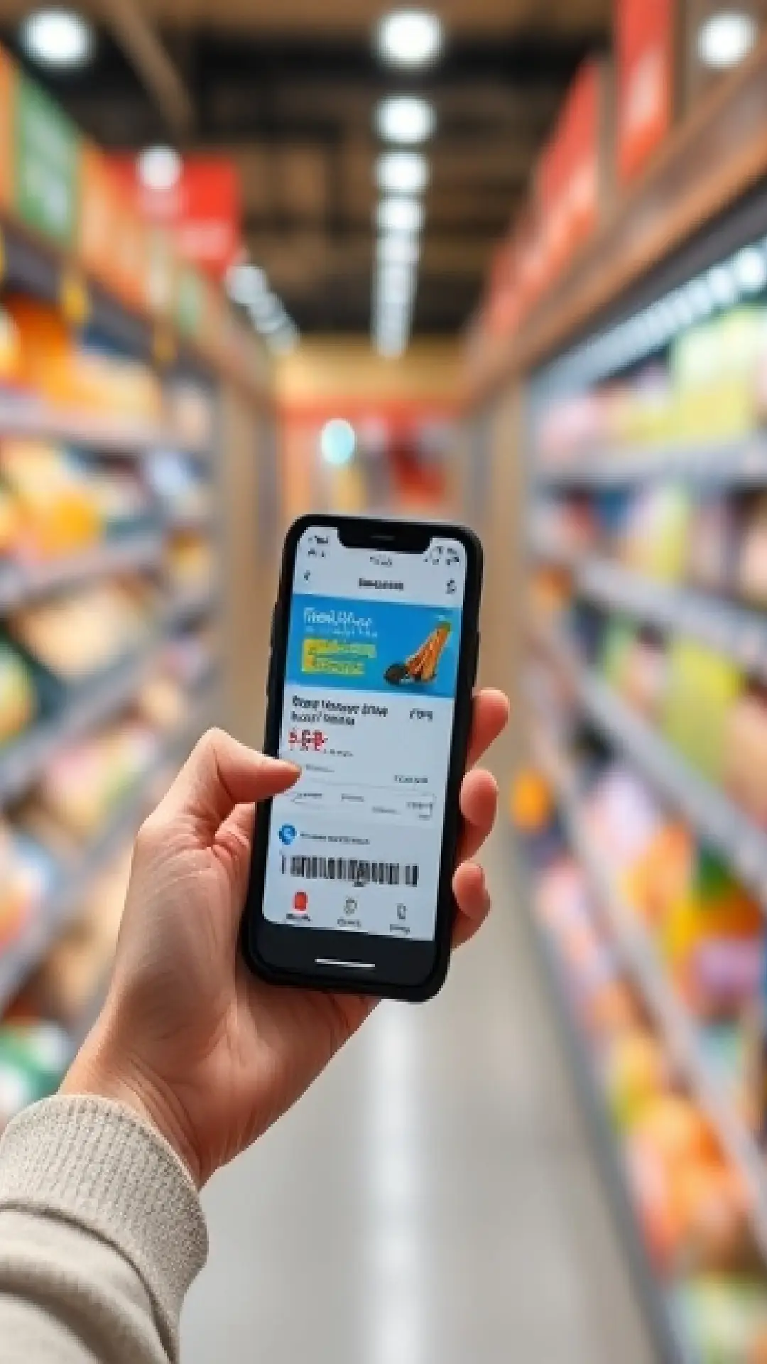 A person at a grocery store holding a smartphone with a coupon app open, browsing items with a cheerful, budget-conscious vibe.