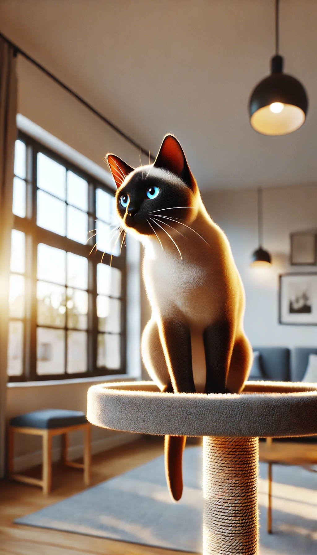 A Siamese cat perched on a cat tree by the window, looking curious and playful in a brightly lit apartment.