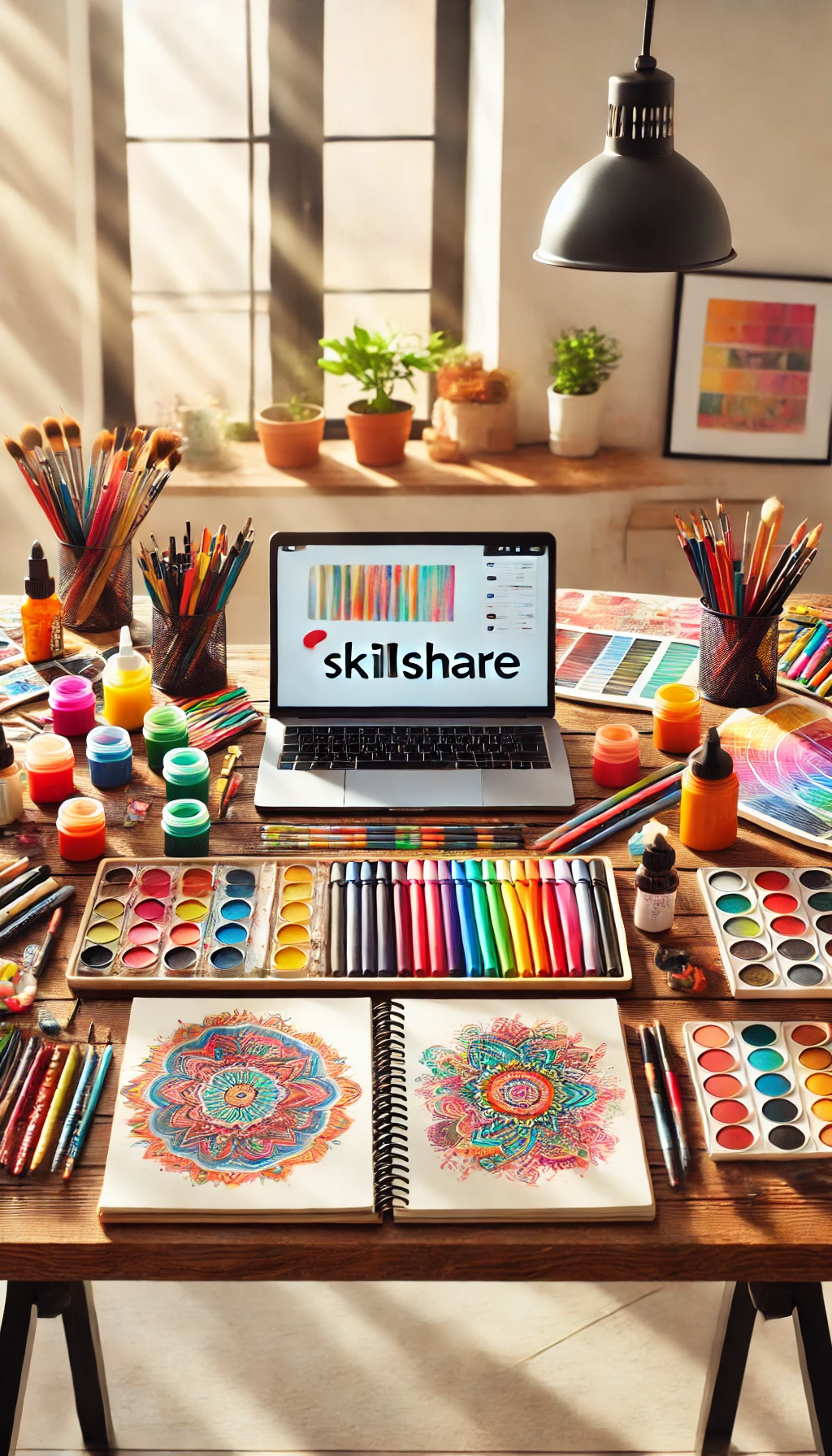 A workspace filled with colorful tools like sketchbooks and paints, with a laptop showing a Skillshare course on design.