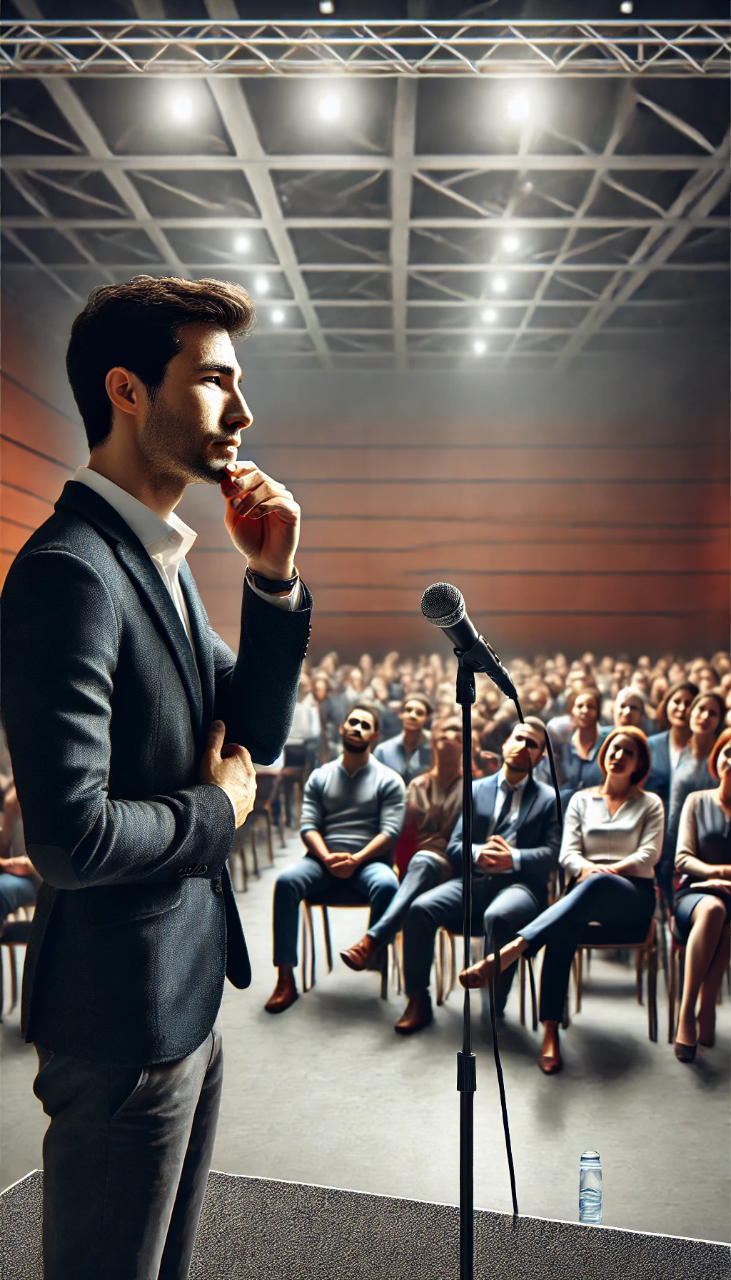 A speaker on stage, taking a breath and pausing between points, with the audience listening attentively, creating a calm atmosphere