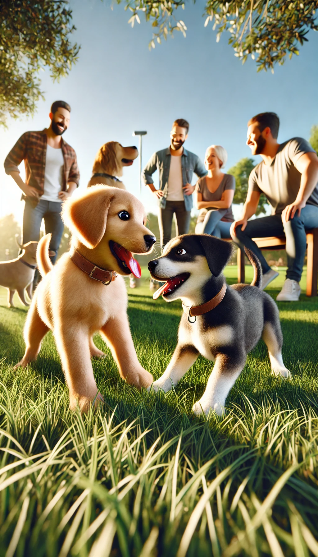 A playful puppy meeting another dog at a dog park, with their owners smiling and chatting in the background.